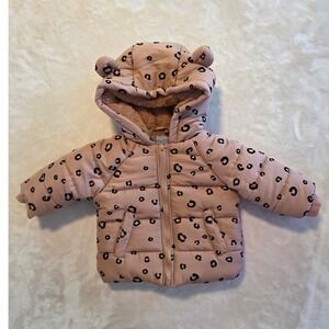 Tahari Baby Girl Leopard Print Puffer Jacket Faux Fur Hood Size 6-9M Winter Coat